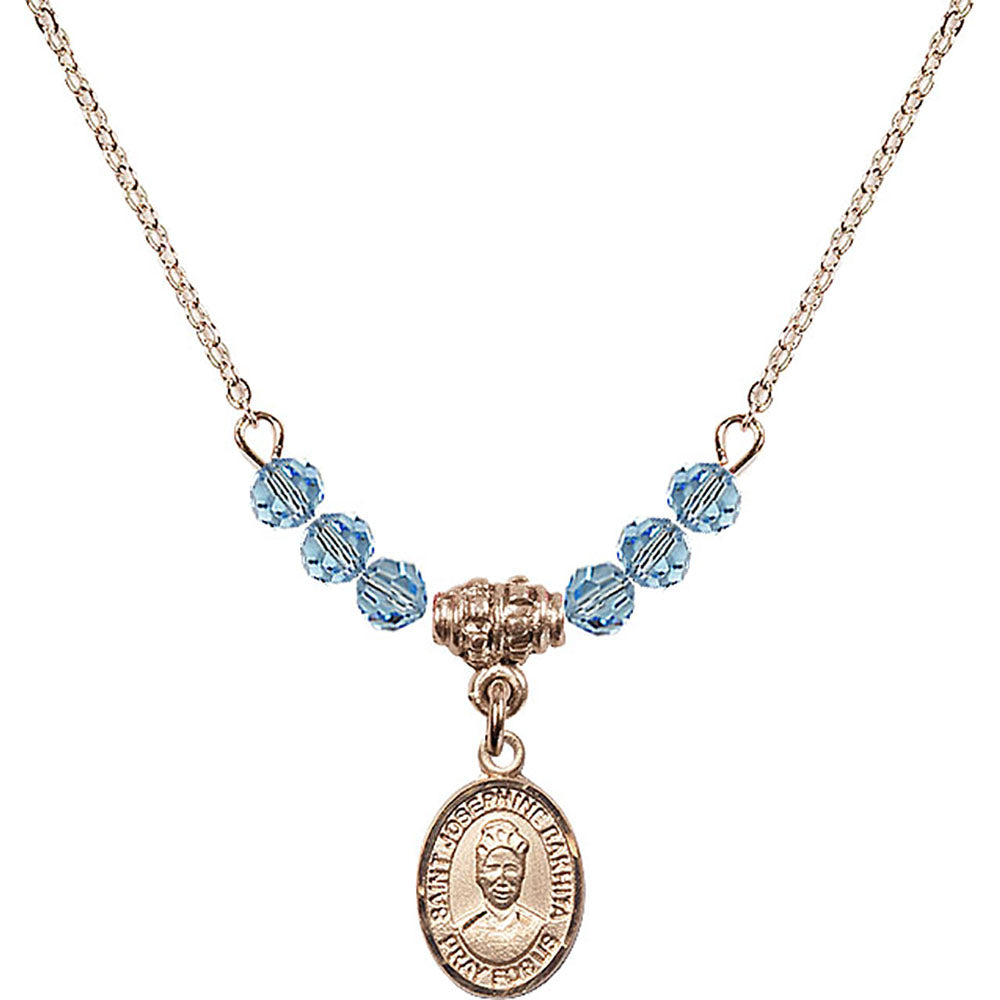 14kt Gold Filled Saint Josephine Bakhita Birthstone Necklace with Aqua Beads - 9360