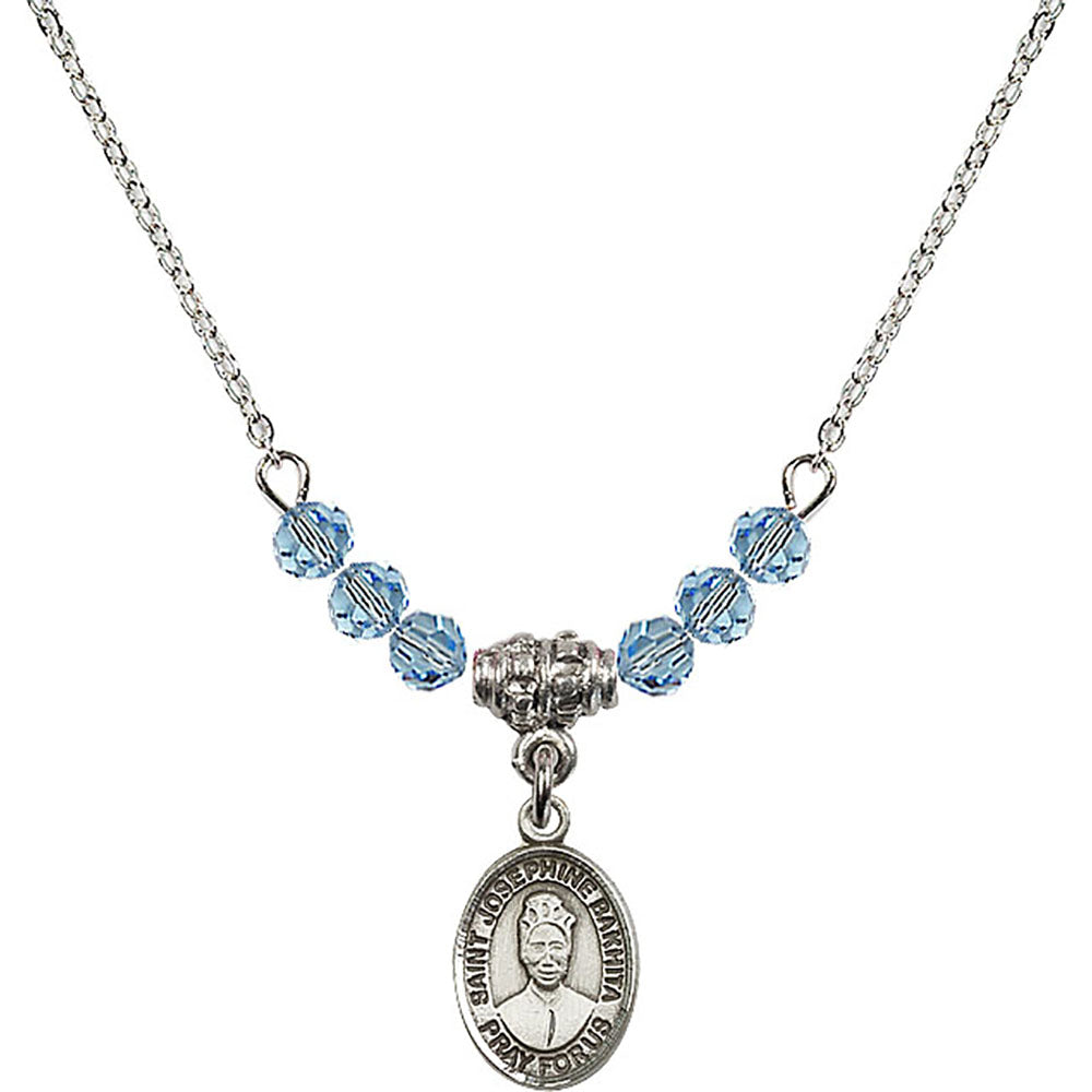 Sterling Silver Saint Josephine Bakhita Birthstone Necklace with Aqua Beads - 9360