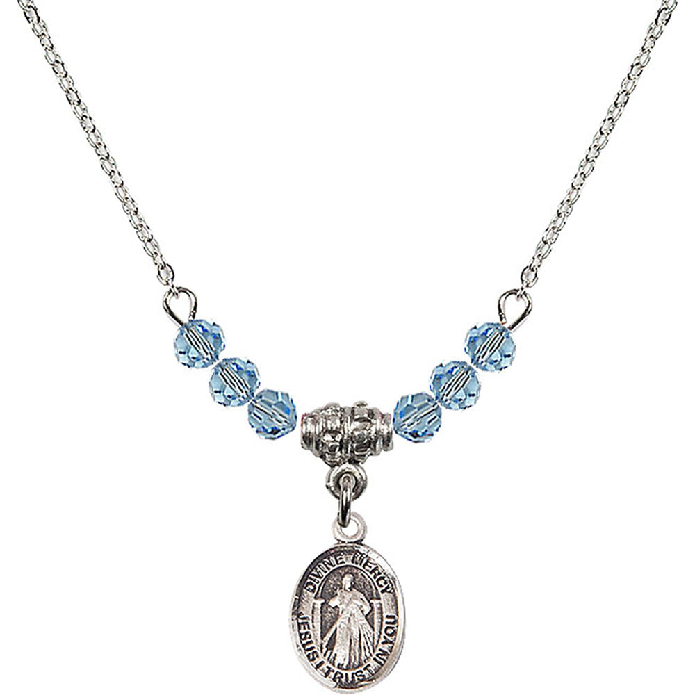 Sterling Silver Divine Mercy Birthstone Necklace with Aqua Beads - 9366
