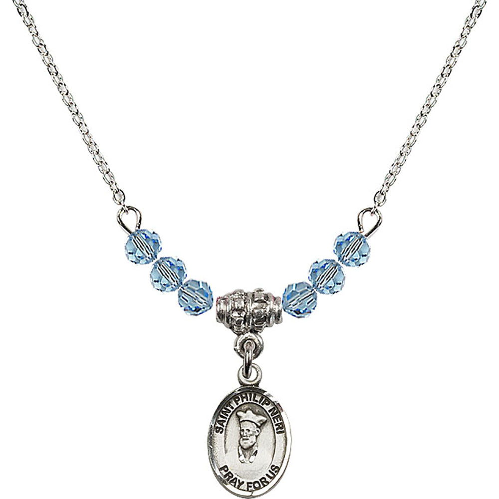 Sterling Silver Saint Philip Neri Birthstone Necklace with Aqua Beads - 9369