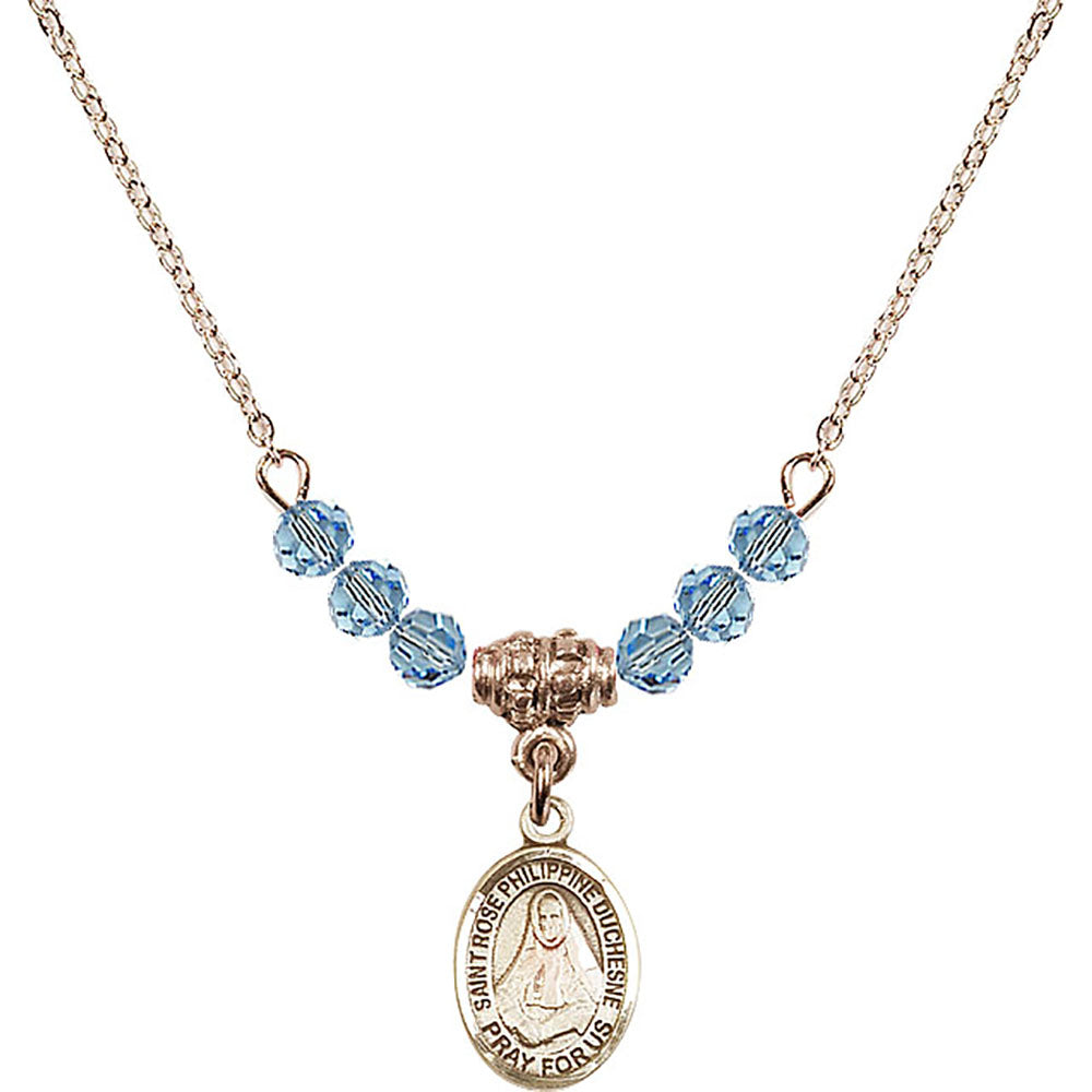 14kt Gold Filled Saint Rose Philippine Duchesne Birthstone Necklace with Aqua Beads - 9371