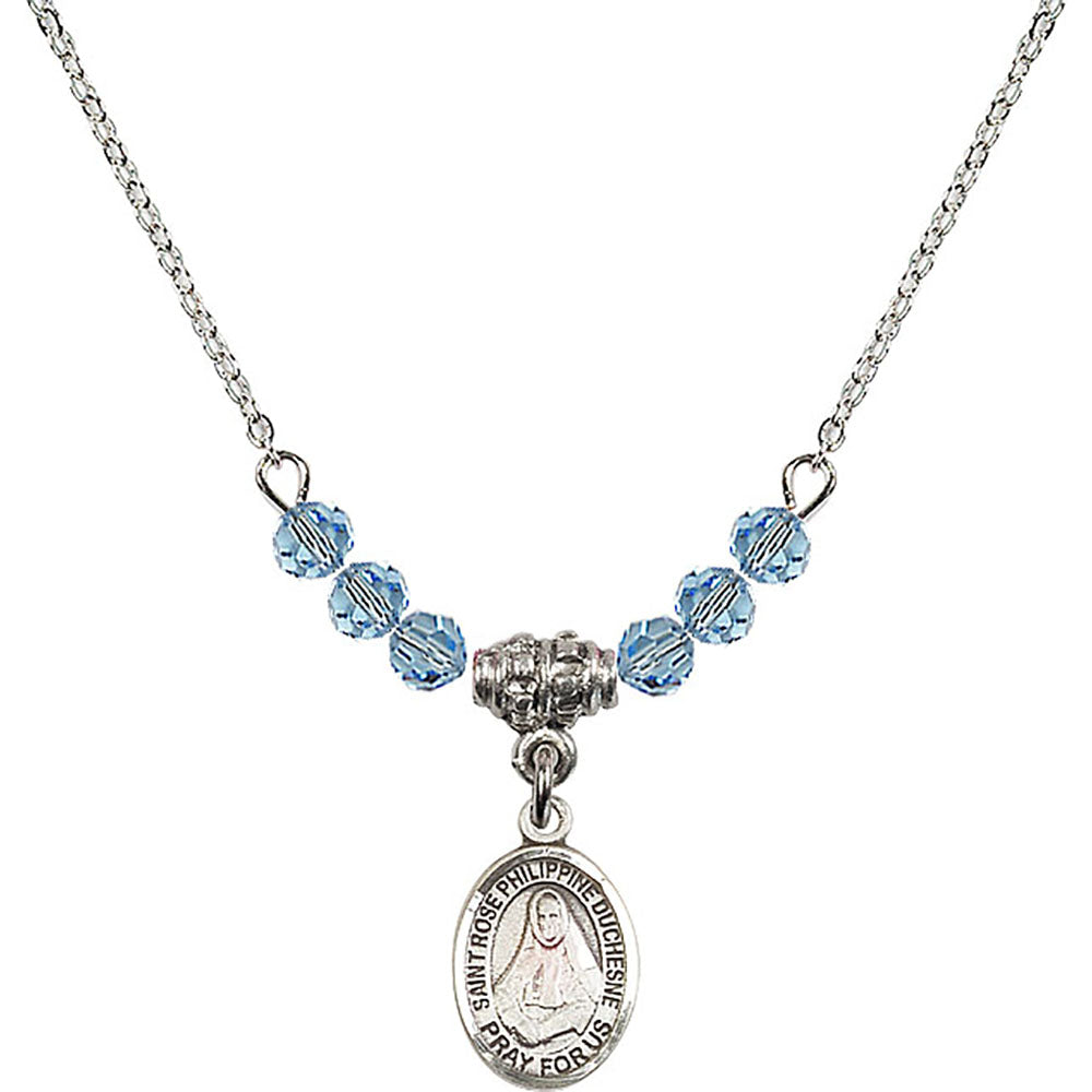 Sterling Silver Saint Rose Philippine Duchesne Birthstone Necklace with Aqua Beads - 9371