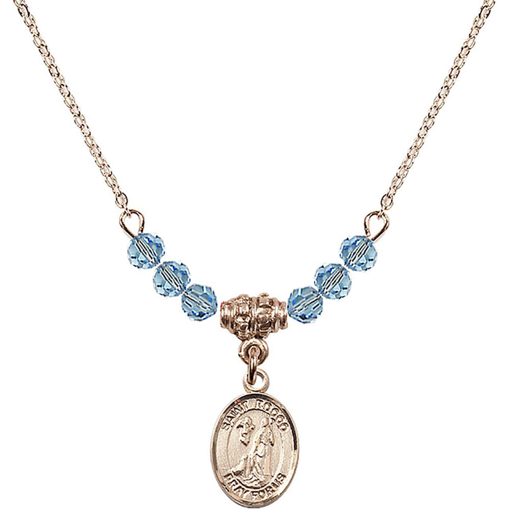 14kt Gold Filled Saint Rocco Birthstone Necklace with Aqua Beads - 9377