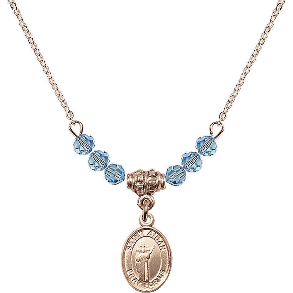 14kt Gold Filled Saint Aidan of Lindesfarne Birthstone Necklace with Aqua Beads - 9381
