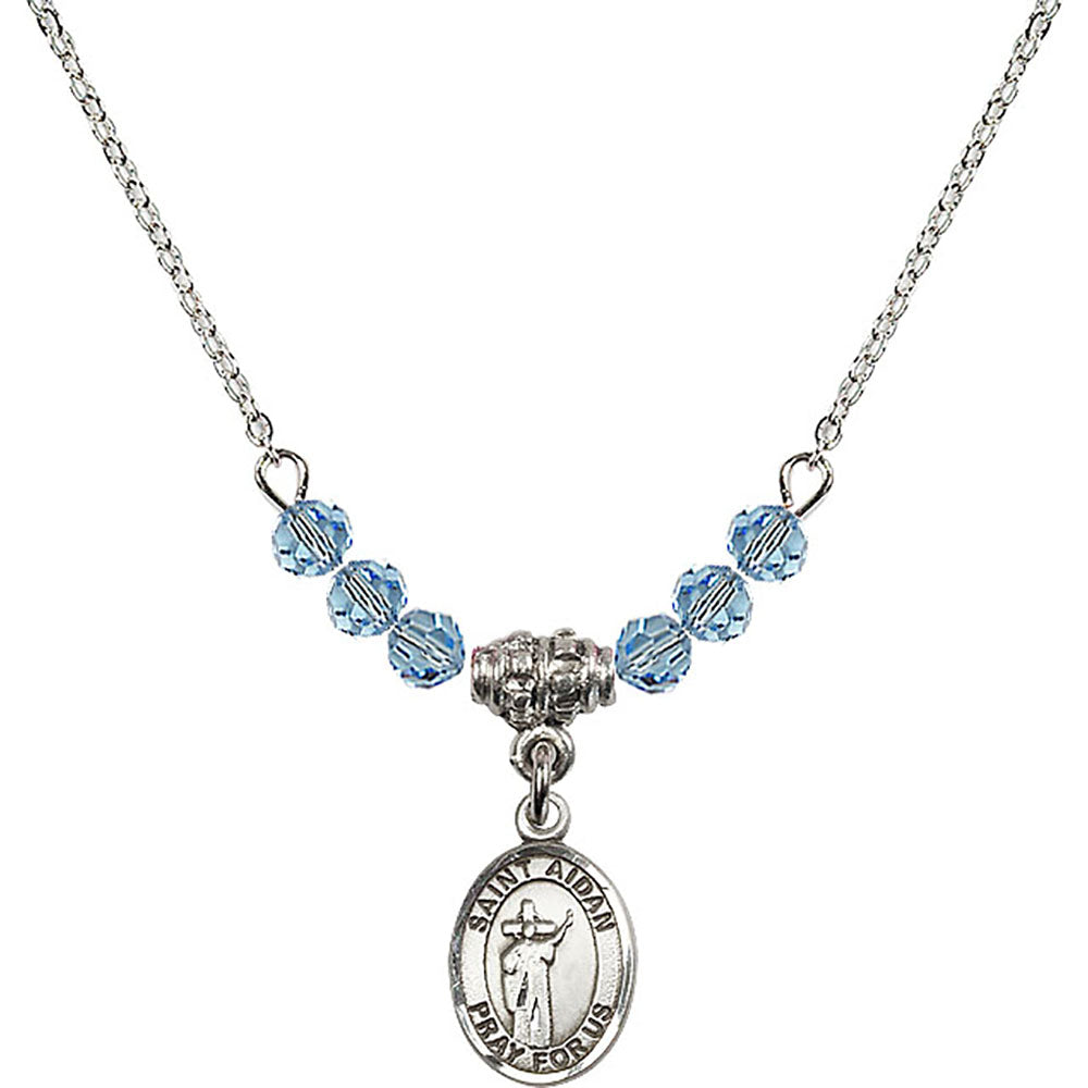 Sterling Silver Saint Aidan of Lindesfarne Birthstone Necklace with Aqua Beads - 9381