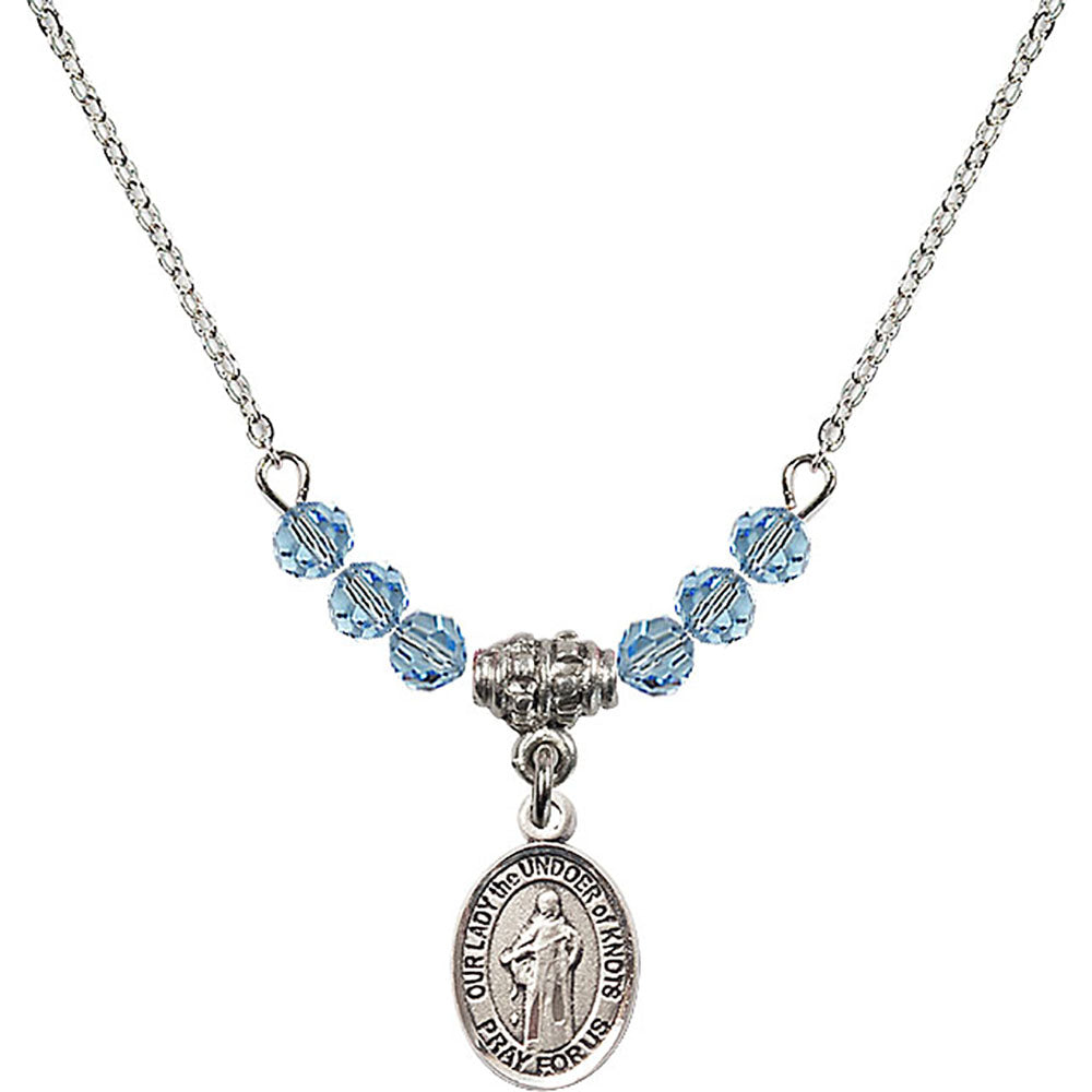 Sterling Silver Our Lady the Undoer of Knots Birthstone Necklace with Aqua Beads - 9383