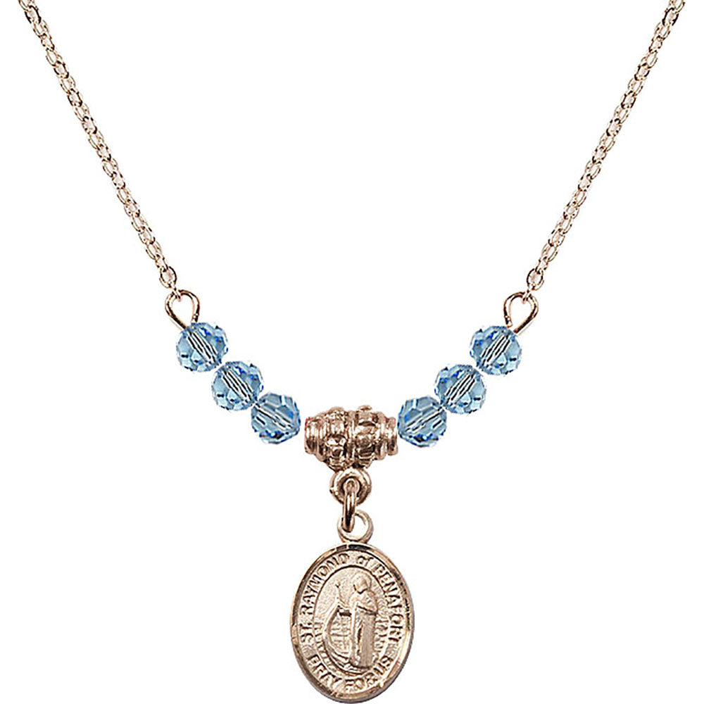 14kt Gold Filled Saint Raymond of Penafort Birthstone Necklace with Aqua Beads - 9385