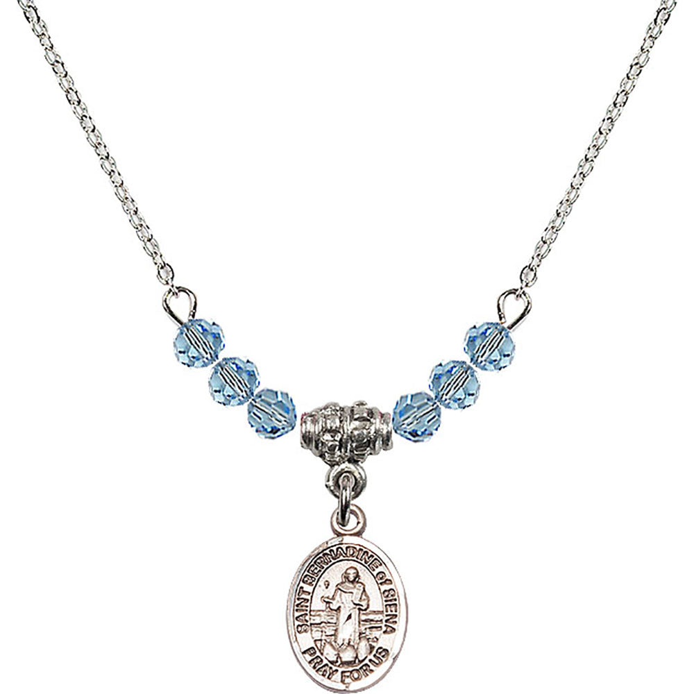 Sterling Silver Saint Bernadine of Sienna Birthstone Necklace with Aqua Beads - 9387