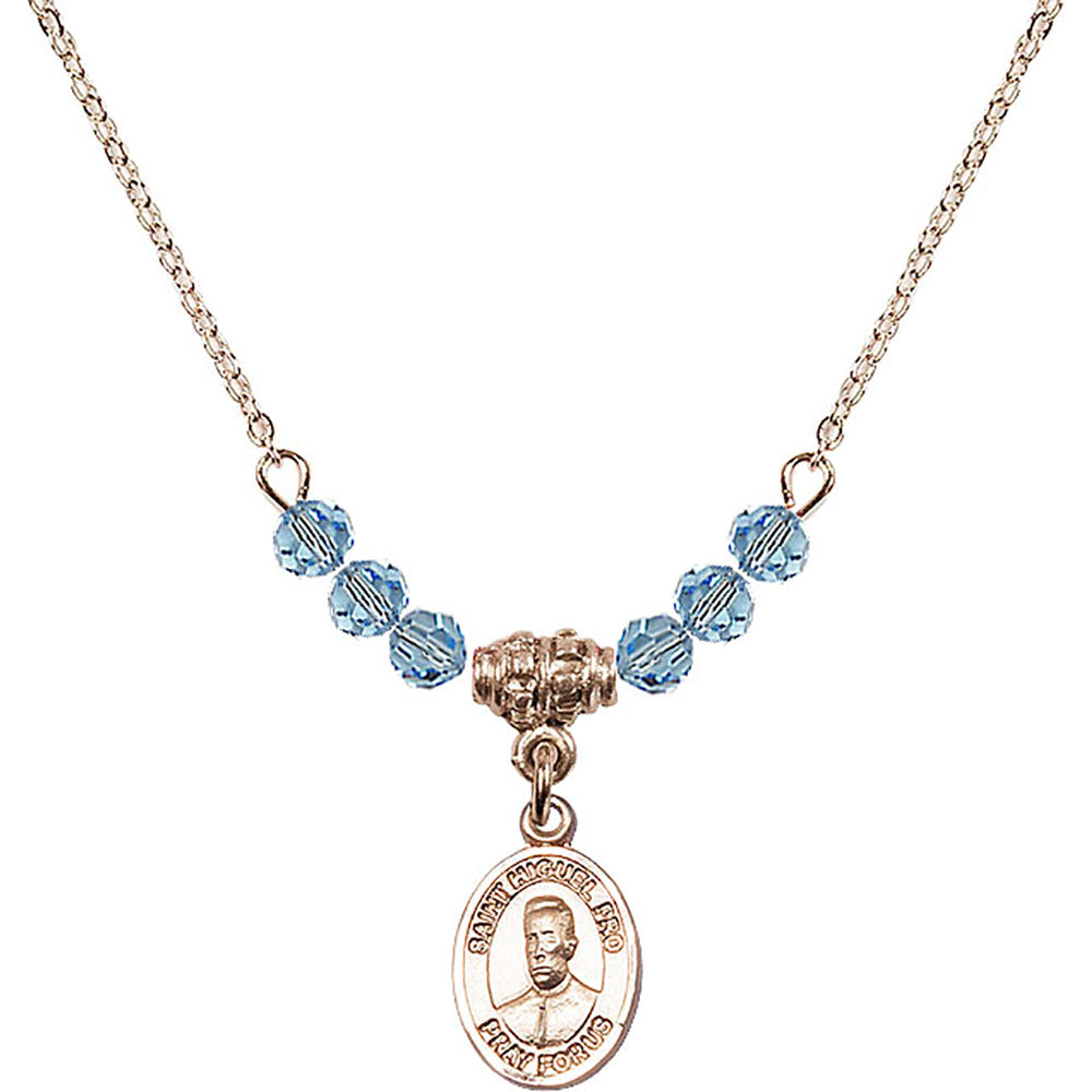 14kt Gold Filled Blessed Miguel Pro Birthstone Necklace with Aqua Beads - 9389