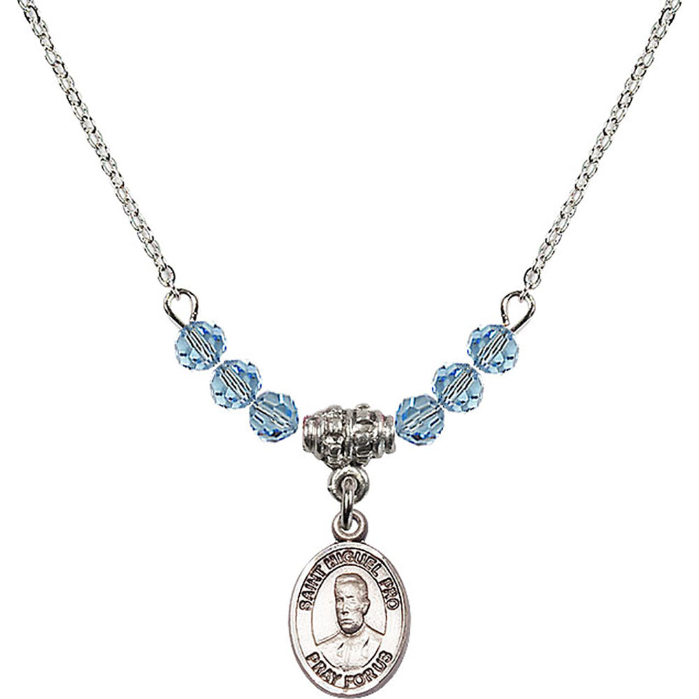 Sterling Silver Blessed Miguel Pro Birthstone Necklace with Aqua Beads - 9389