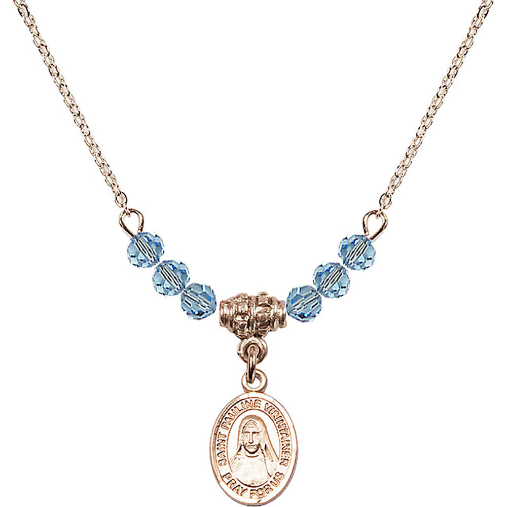 14kt Gold Filled Saint Pauline Visintainer Birthstone Necklace with Aqua Beads - 9391
