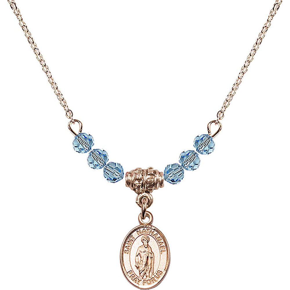 14kt Gold Filled Saint Nathanael Birthstone Necklace with Aqua Beads - 9398