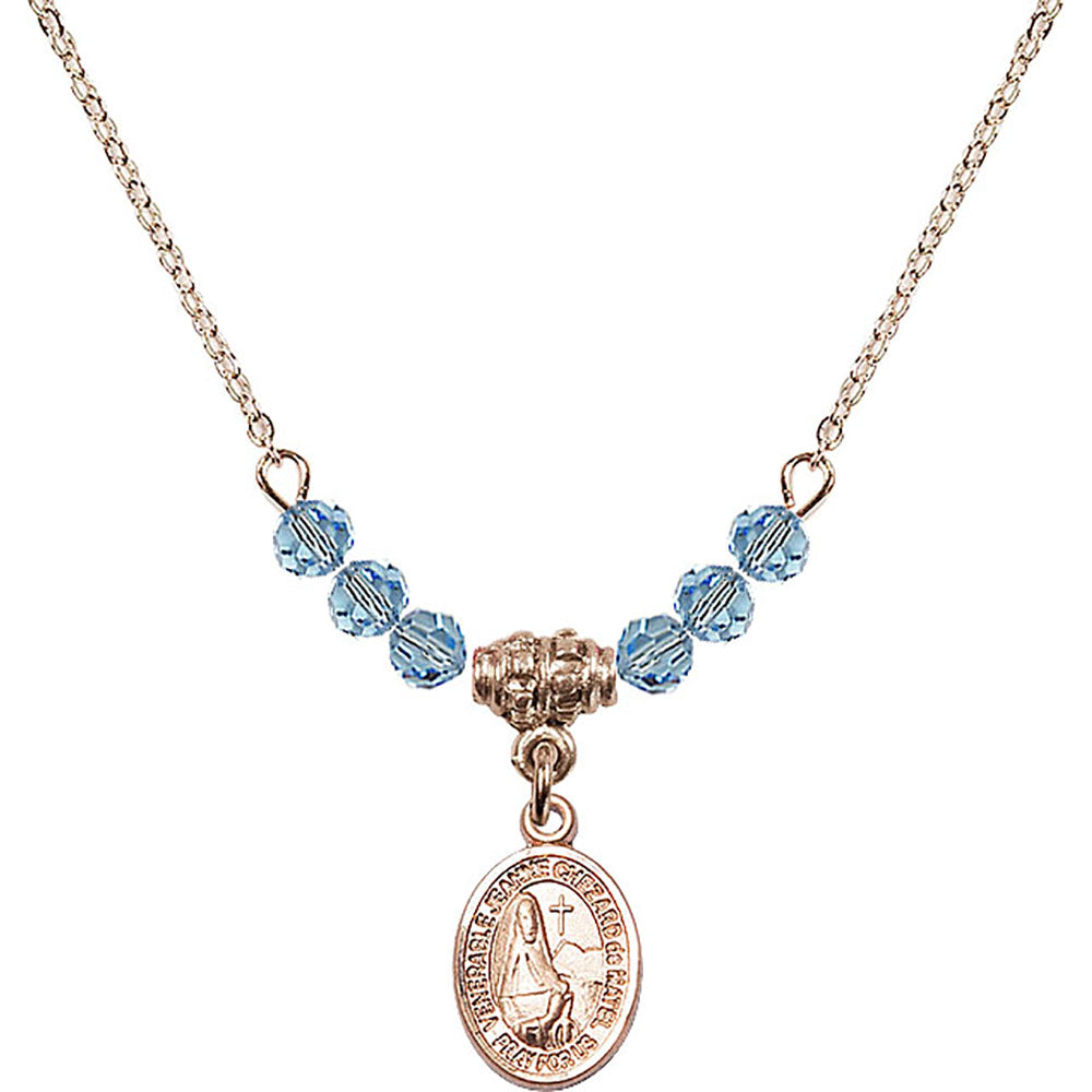 14kt Gold Filled Saint Jeanne Chezard de Matel Birthstone Necklace with Aqua Beads - 9401