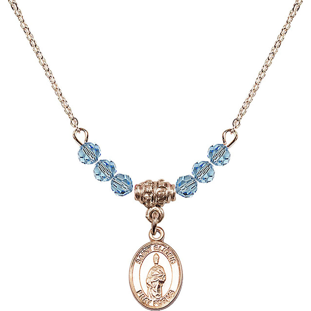 14kt Gold Filled Saint Eligius Birthstone Necklace with Aqua Beads - 9402