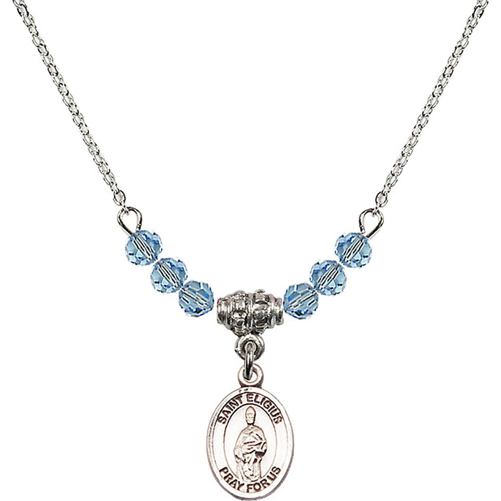 Sterling Silver Saint Eligius Birthstone Necklace with Aqua Beads - 9402