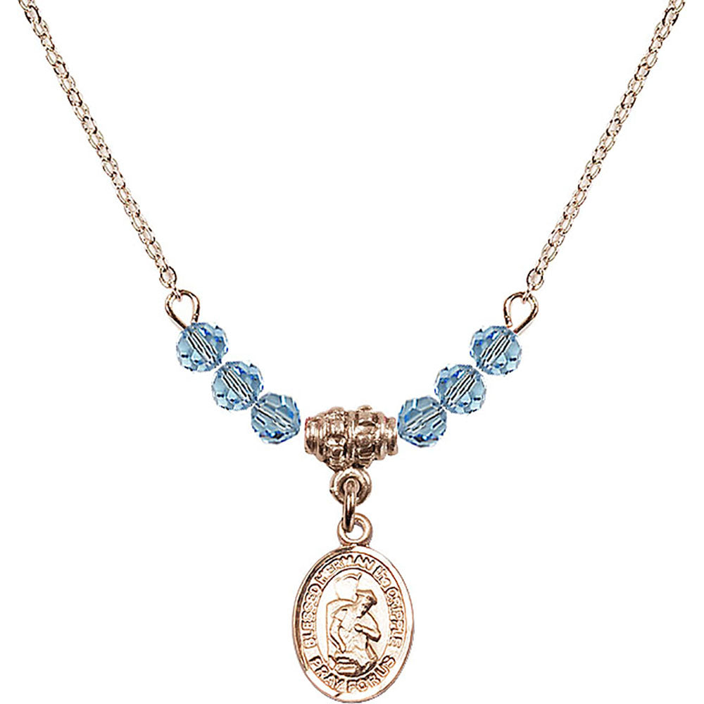 14kt Gold Filled Blessed Herman the Cripple Birthstone Necklace with Aqua Beads - 9403