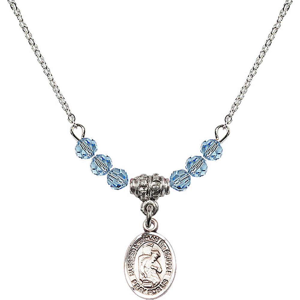 Sterling Silver Blessed Herman the Cripple Birthstone Necklace with Aqua Beads - 9403