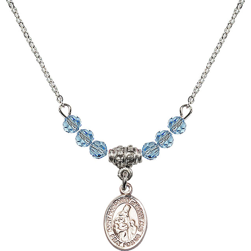 Sterling Silver Saint Margaret of Scotland Birthstone Necklace with Aqua Beads - 9407