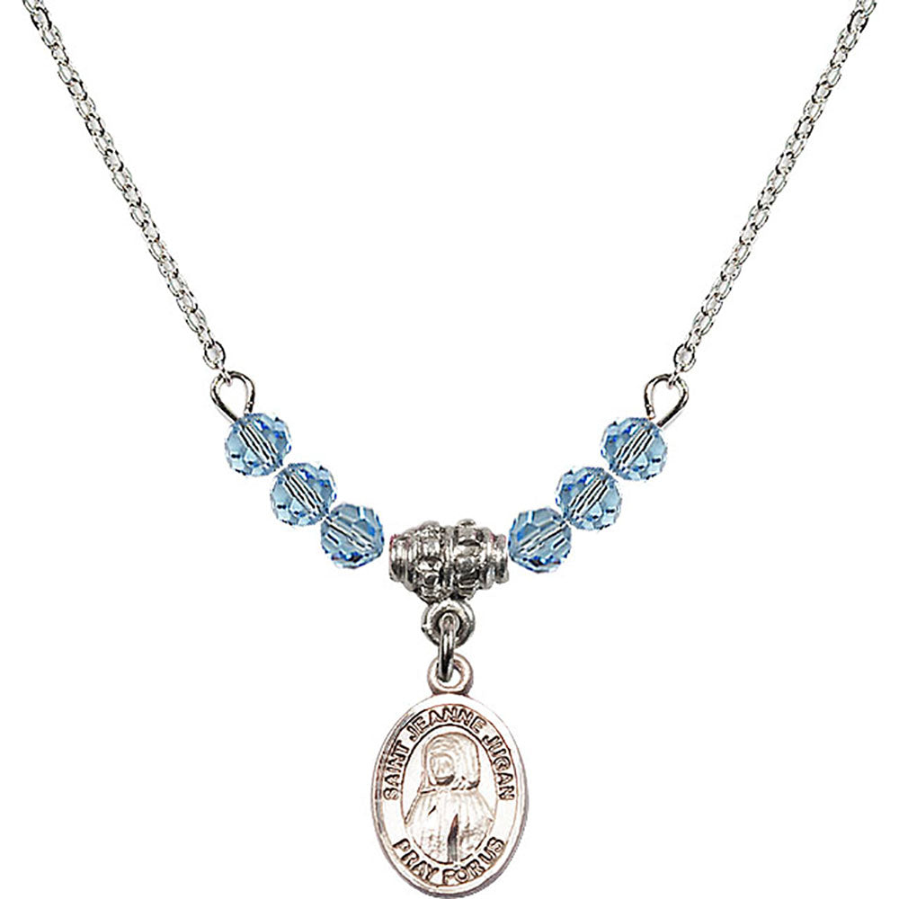 Sterling Silver Saint Jeanne Jugan Birthstone Necklace with Aqua Beads - 9409