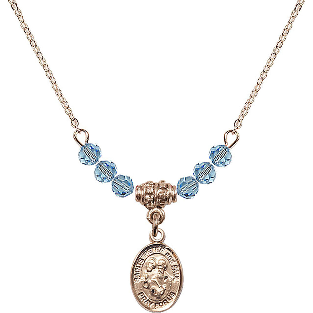 14kt Gold Filled Saints Peter & Paul Birthstone Necklace with Aqua Beads - 9410