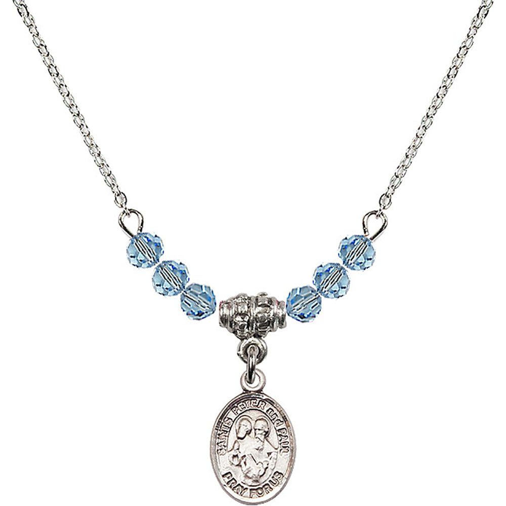 Sterling Silver Saints Peter & Paul Birthstone Necklace with Aqua Beads - 9410