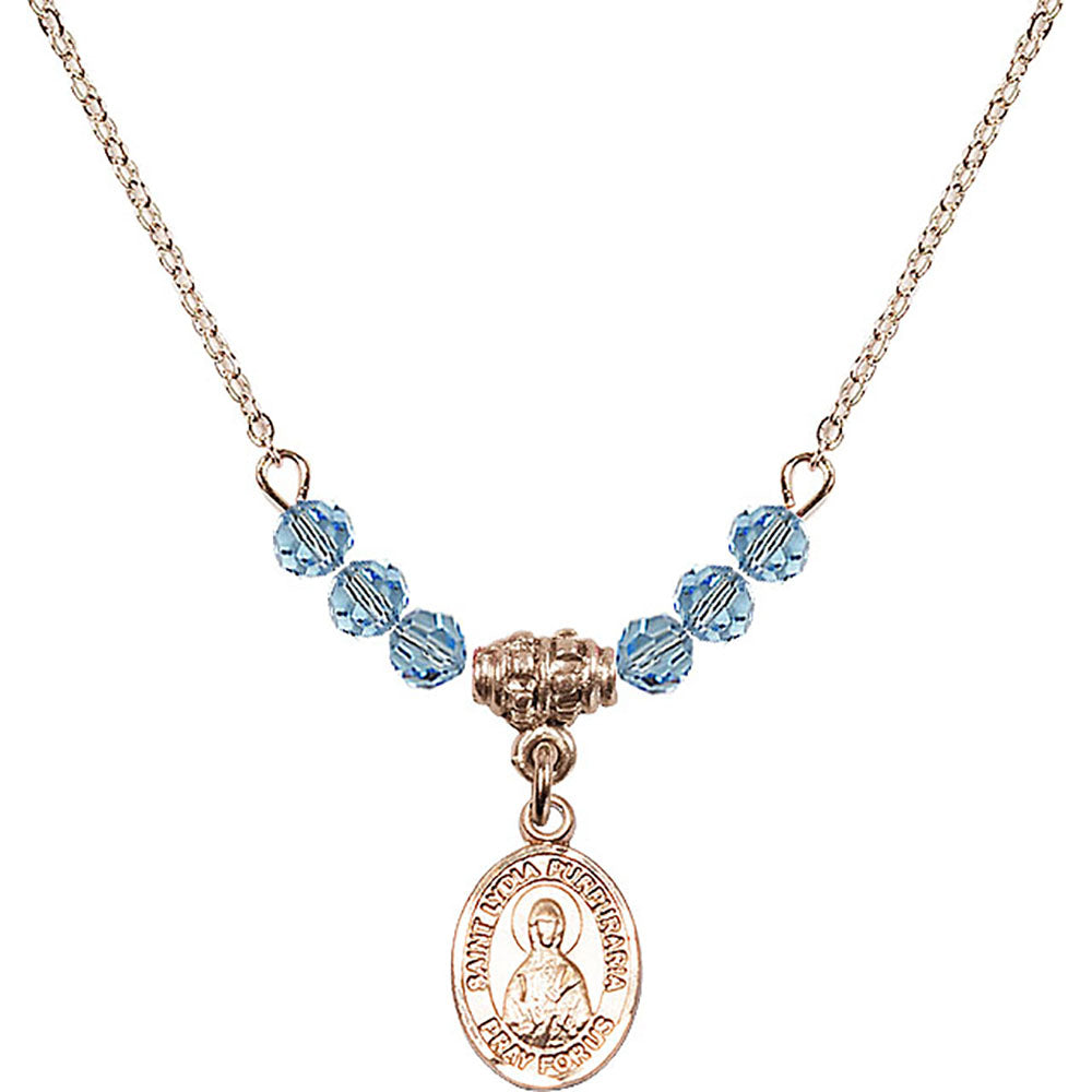 14kt Gold Filled Saint Lydia Purpuraria Birthstone Necklace with Aqua Beads - 9411