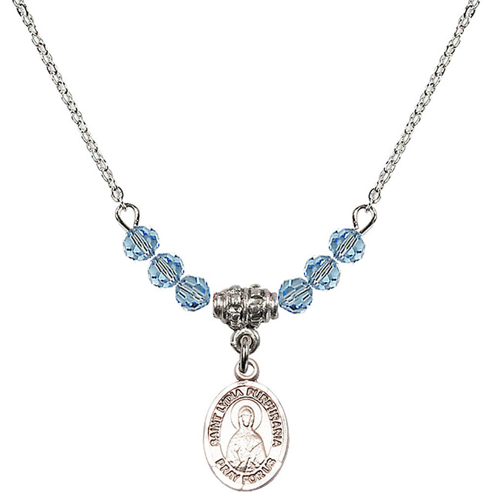 Sterling Silver Saint Lydia Purpuraria Birthstone Necklace with Aqua Beads - 9411