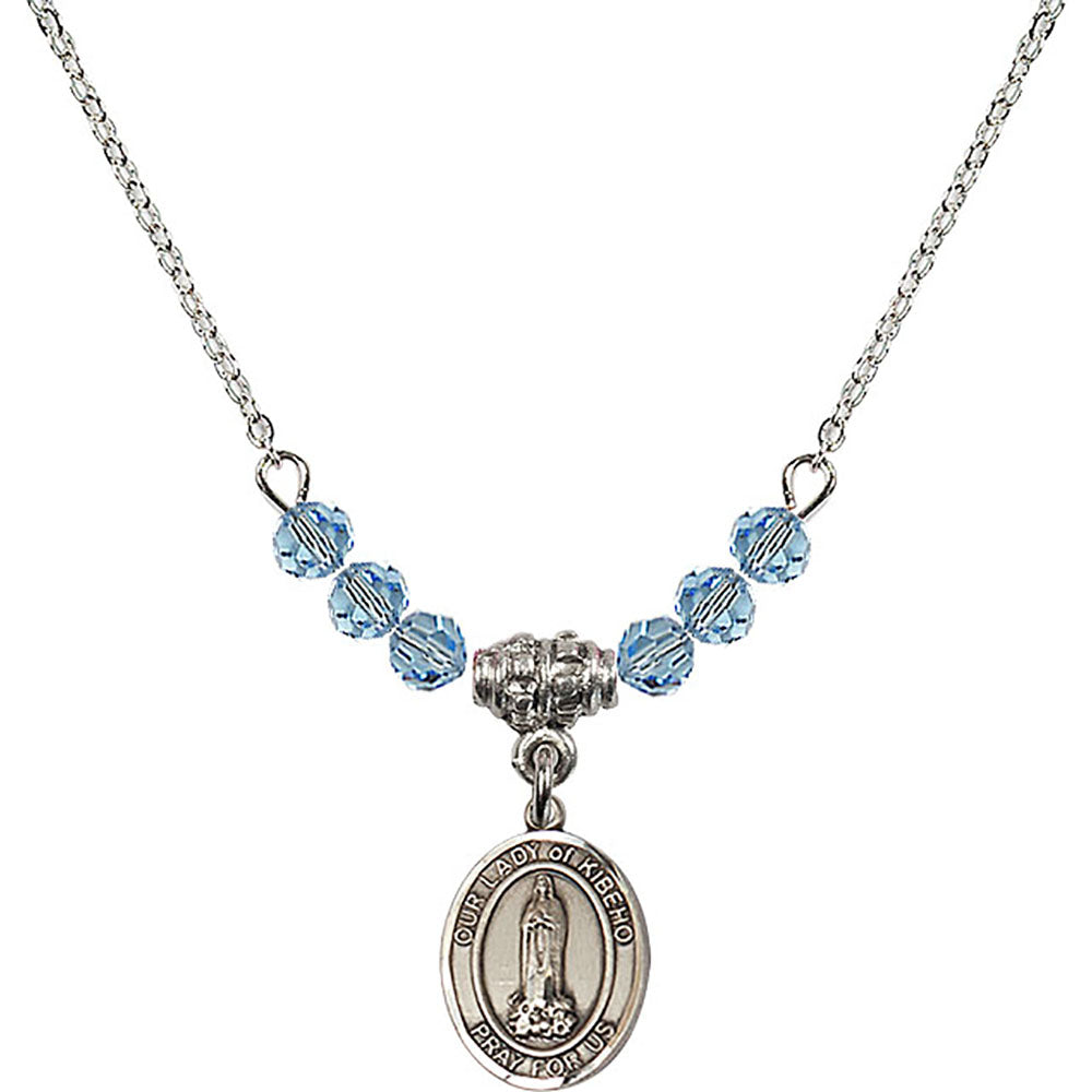 Sterling Silver Our Lady of Kibeho Birthstone Necklace with Aqua Beads - 9414