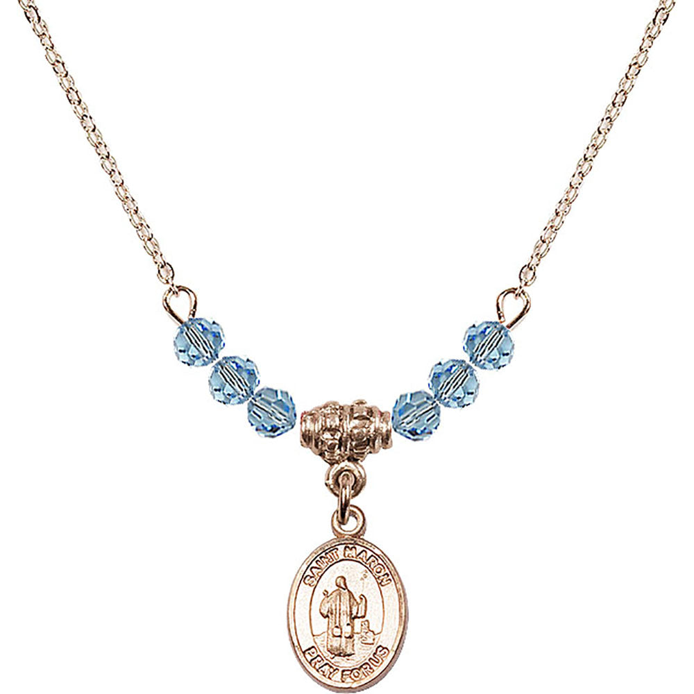 14kt Gold Filled Saint Maron Birthstone Necklace with Aqua Beads - 9417