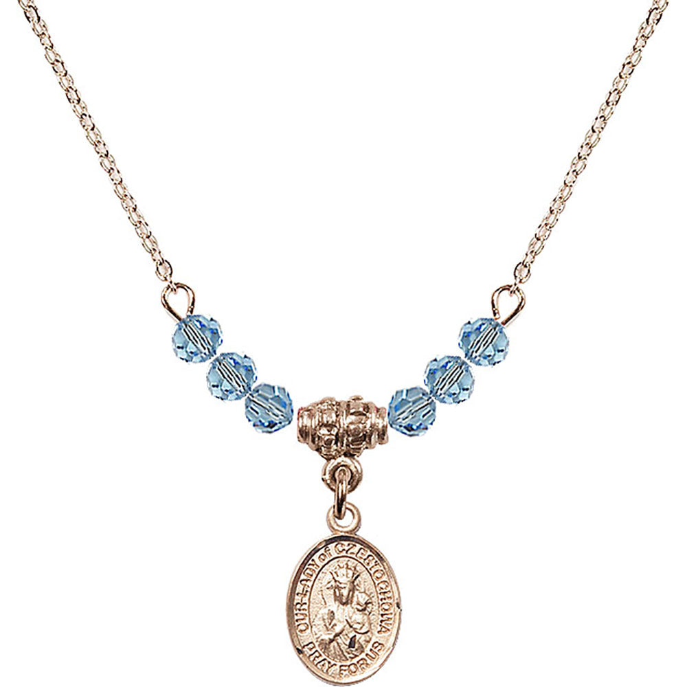 14kt Gold Filled Our Lady of Czestochowa Birthstone Necklace with Aqua Beads - 9421