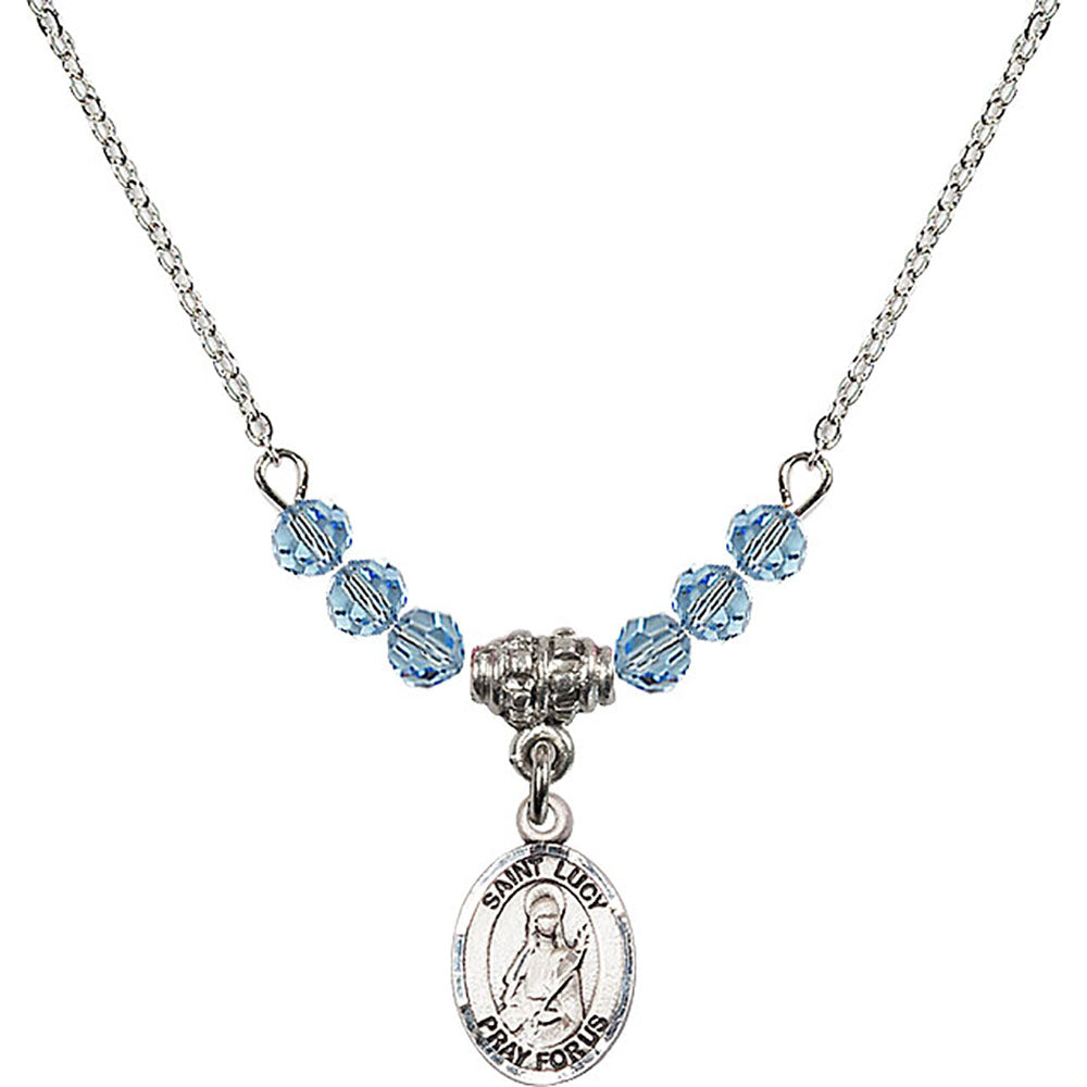 Sterling Silver Saint Lucy Birthstone Necklace with Aqua Beads - 9422