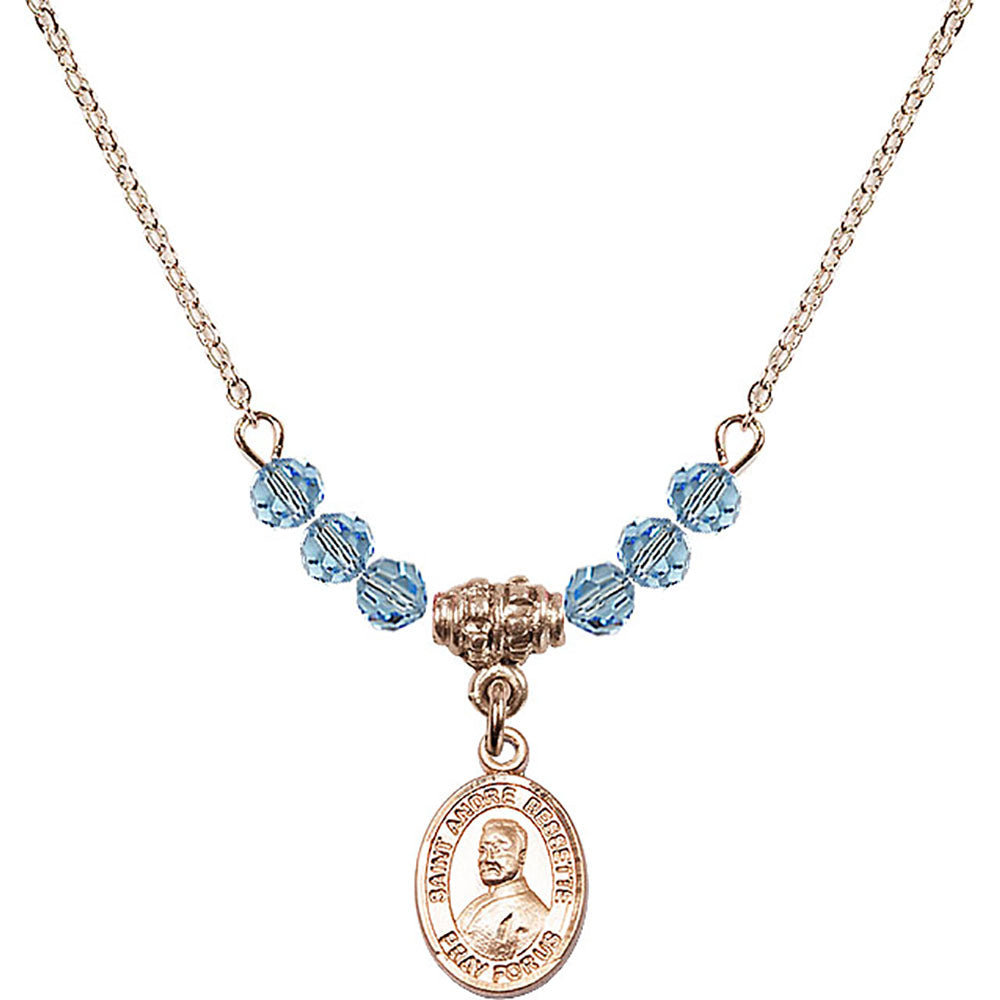 14kt Gold Filled Saint Andre Bessette Birthstone Necklace with Aqua Beads - 9424