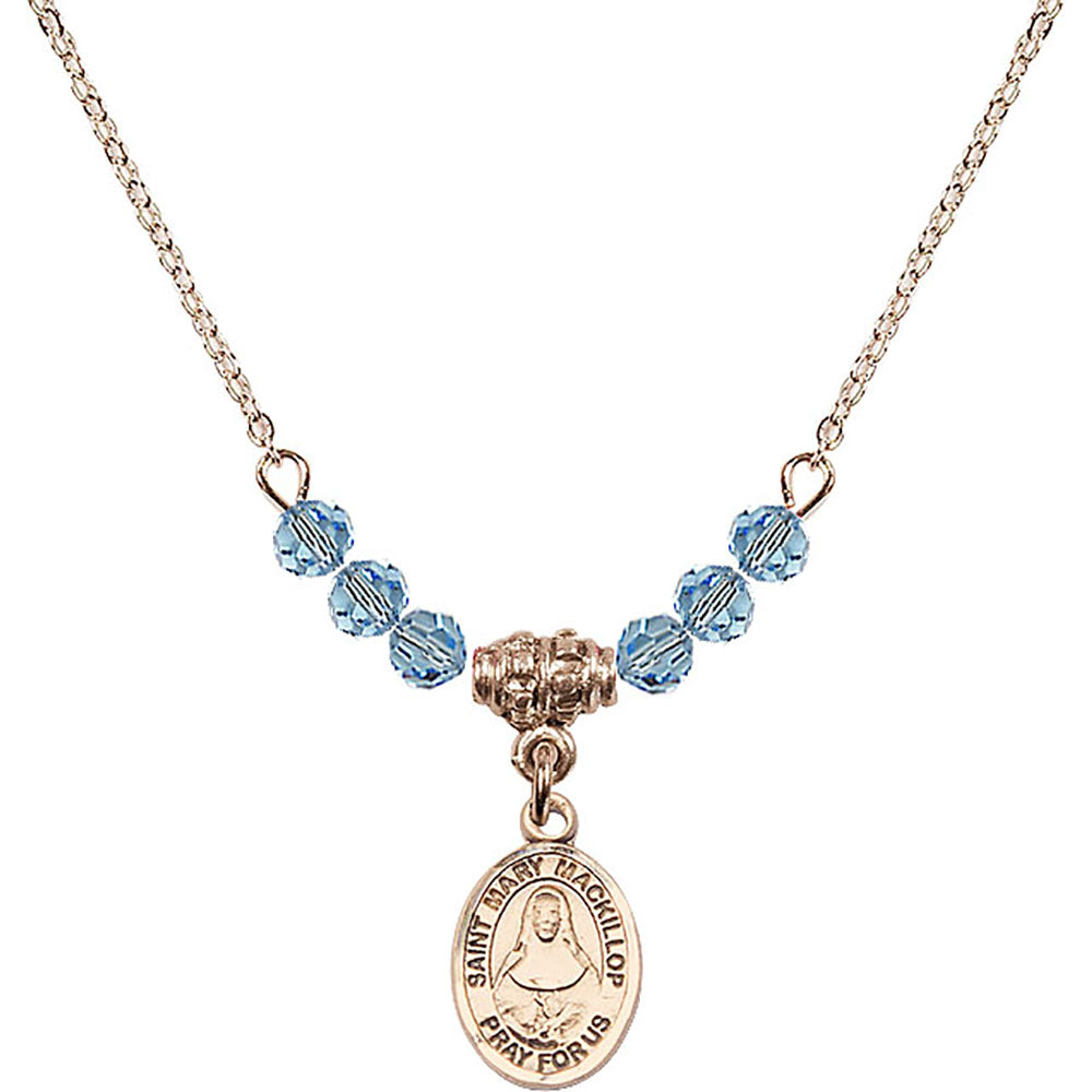 14kt Gold Filled Saint Mary Mackillop Birthstone Necklace with Aqua Beads - 9425