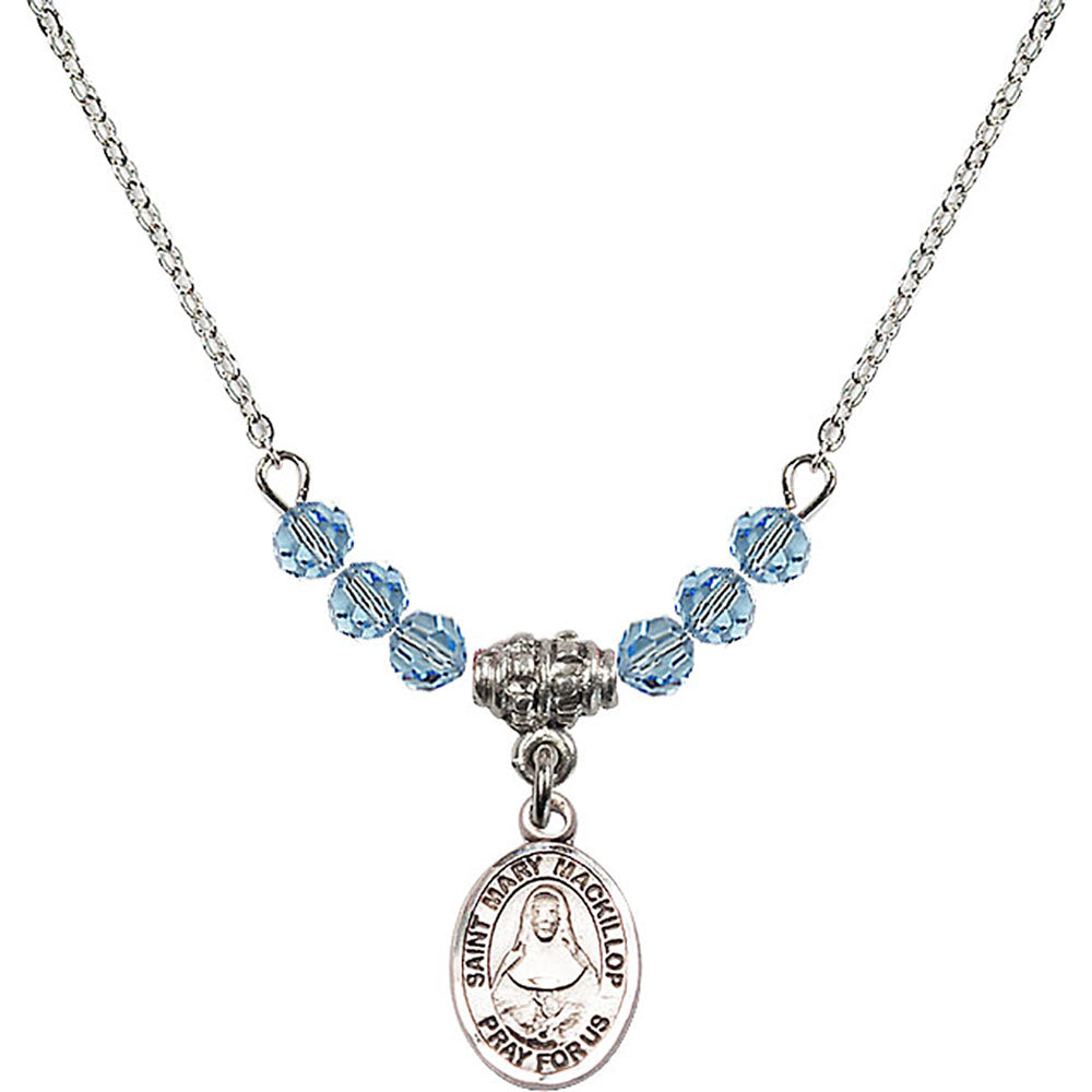 Sterling Silver Saint Mary Mackillop Birthstone Necklace with Aqua Beads - 9425