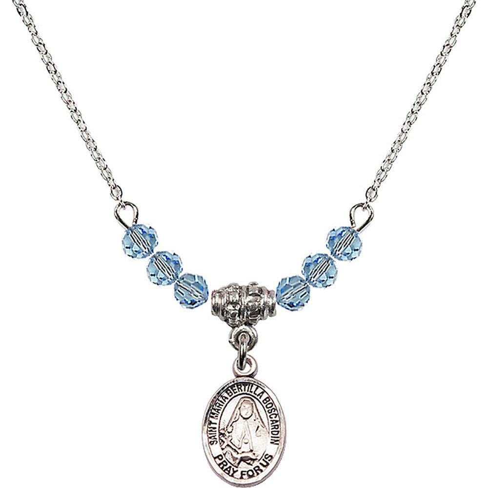 Sterling Silver Saint Maria Bertilla Boscardin Birthstone Necklace with Aqua Beads - 9428