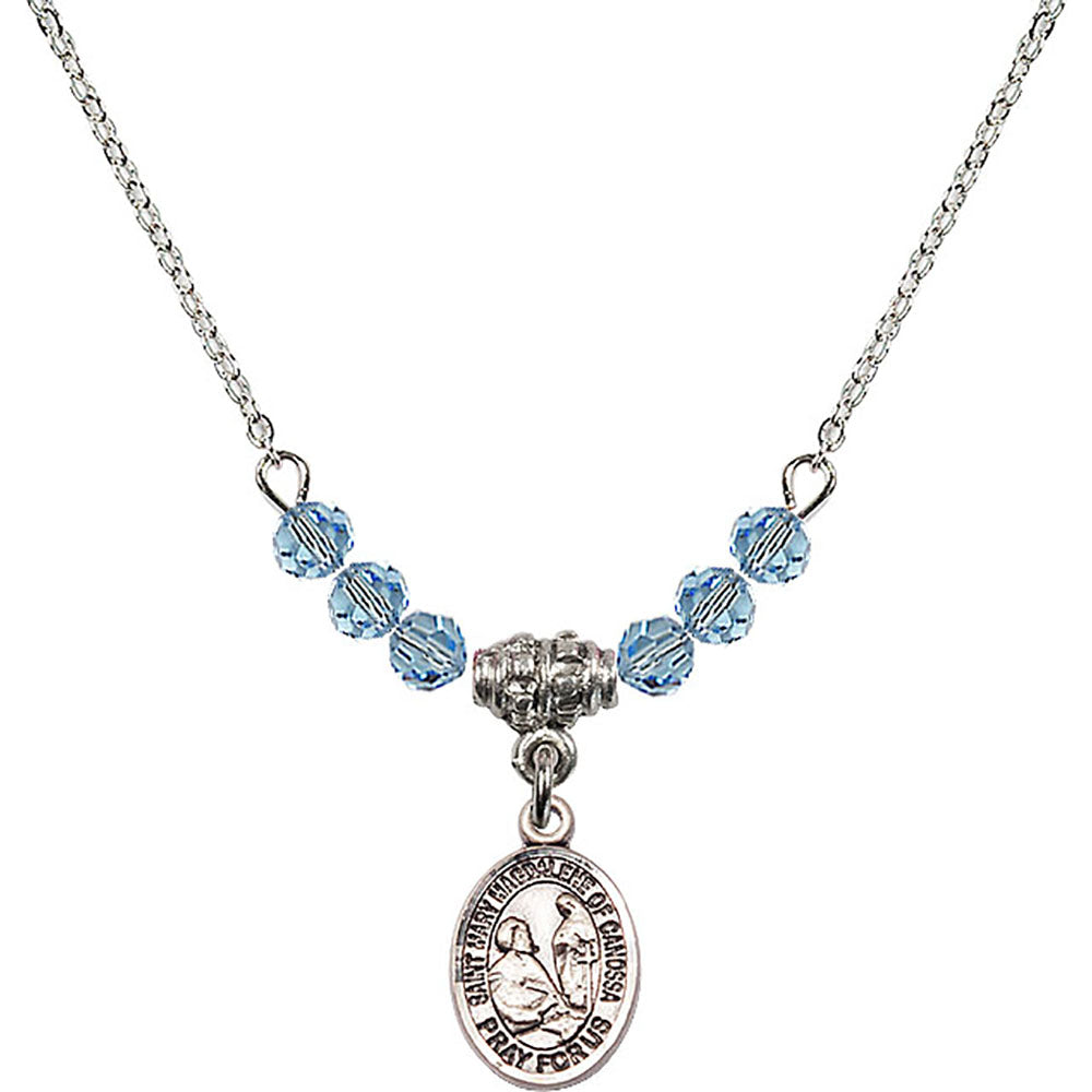 Sterling Silver Saint Mary Magdalene of Canossa Birthstone Necklace with Aqua Beads - 9429