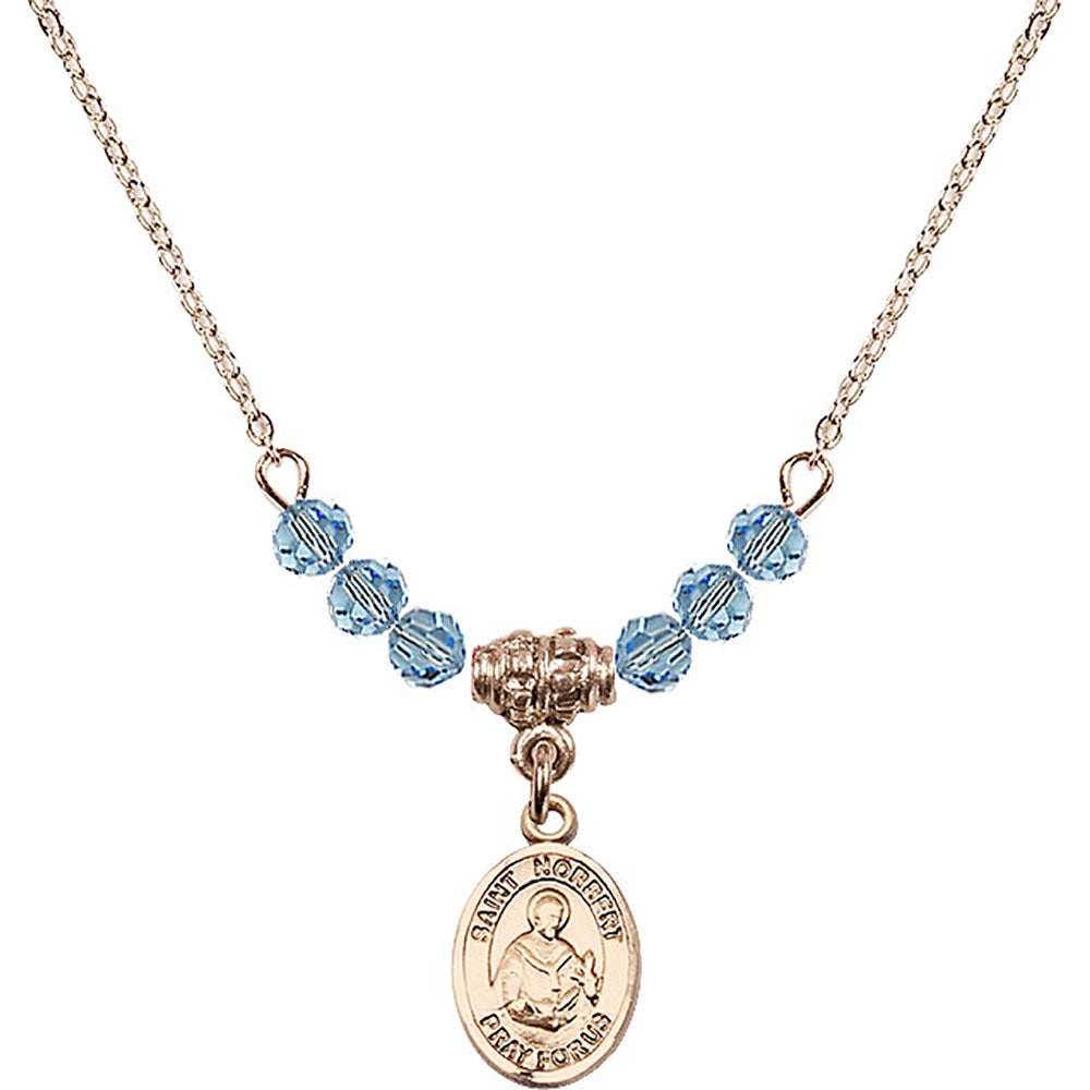 14kt Gold Filled Saint Norbert of Xanten Birthstone Necklace with Aqua Beads - 9447