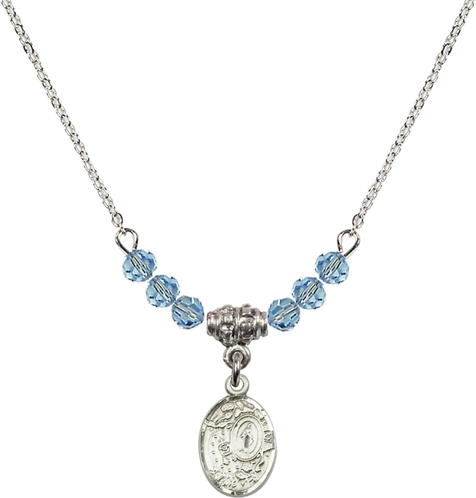 Sterling Silver Miraculous Birthstone Necklace with Aqua Beads - 9682