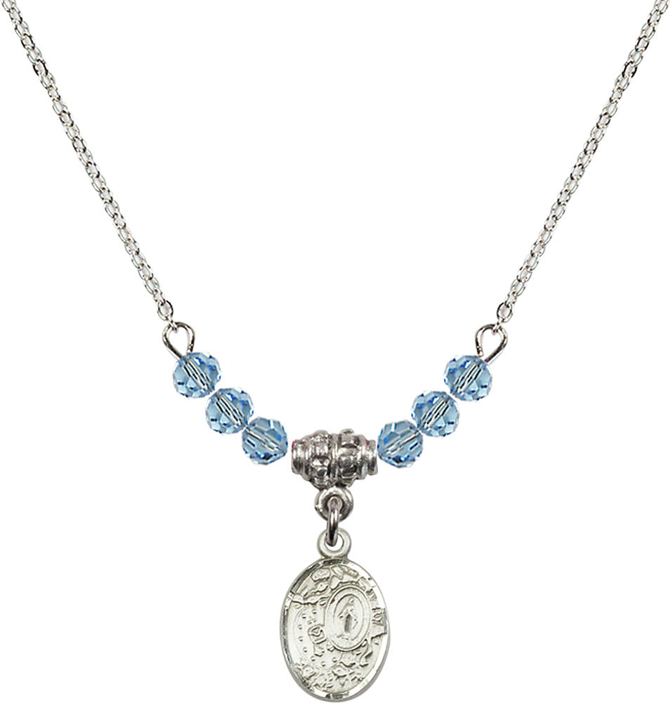 Sterling Silver Miraculous Birthstone Necklace with Aqua Beads - 9682
