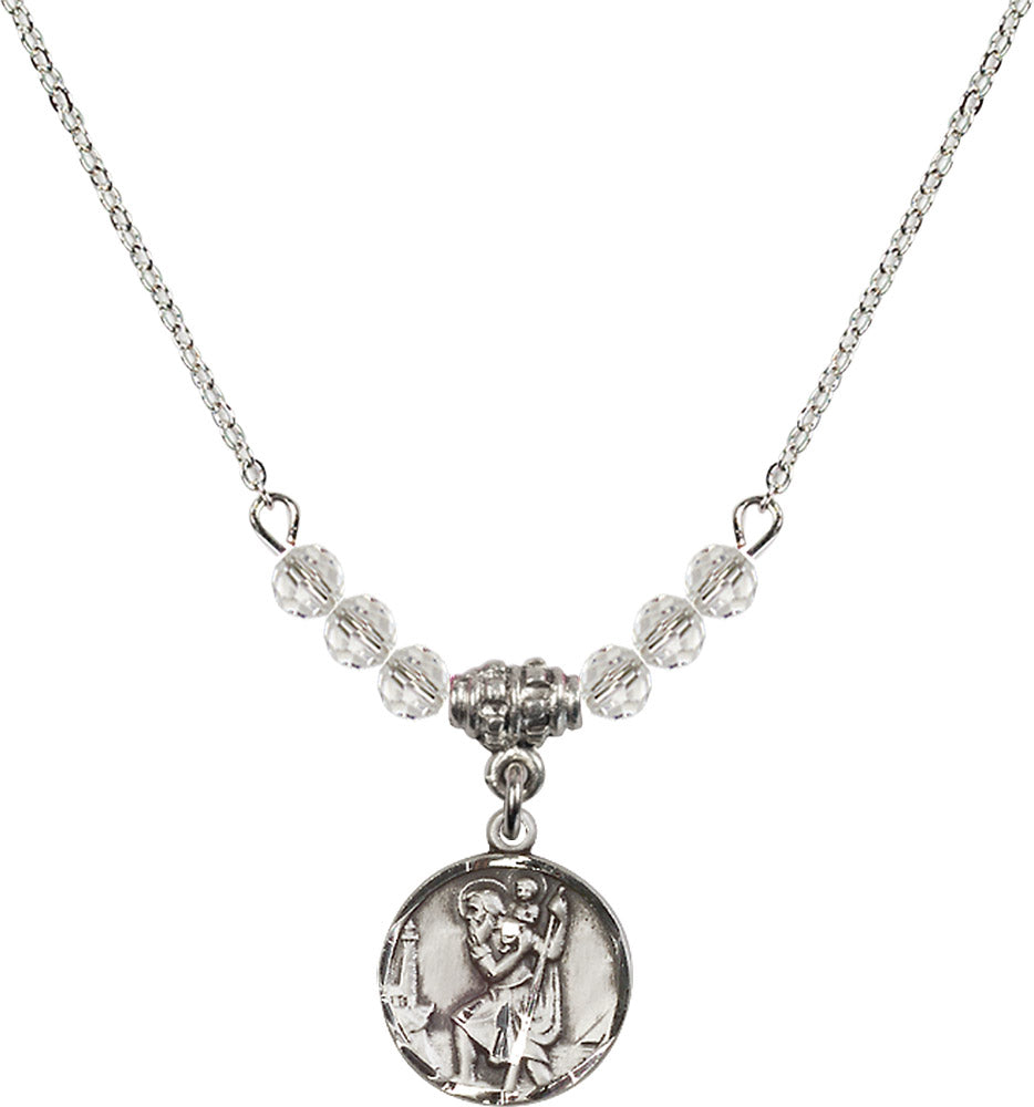 Sterling Silver Saint Christopher Birthstone Necklace with Crystal Beads - 0601