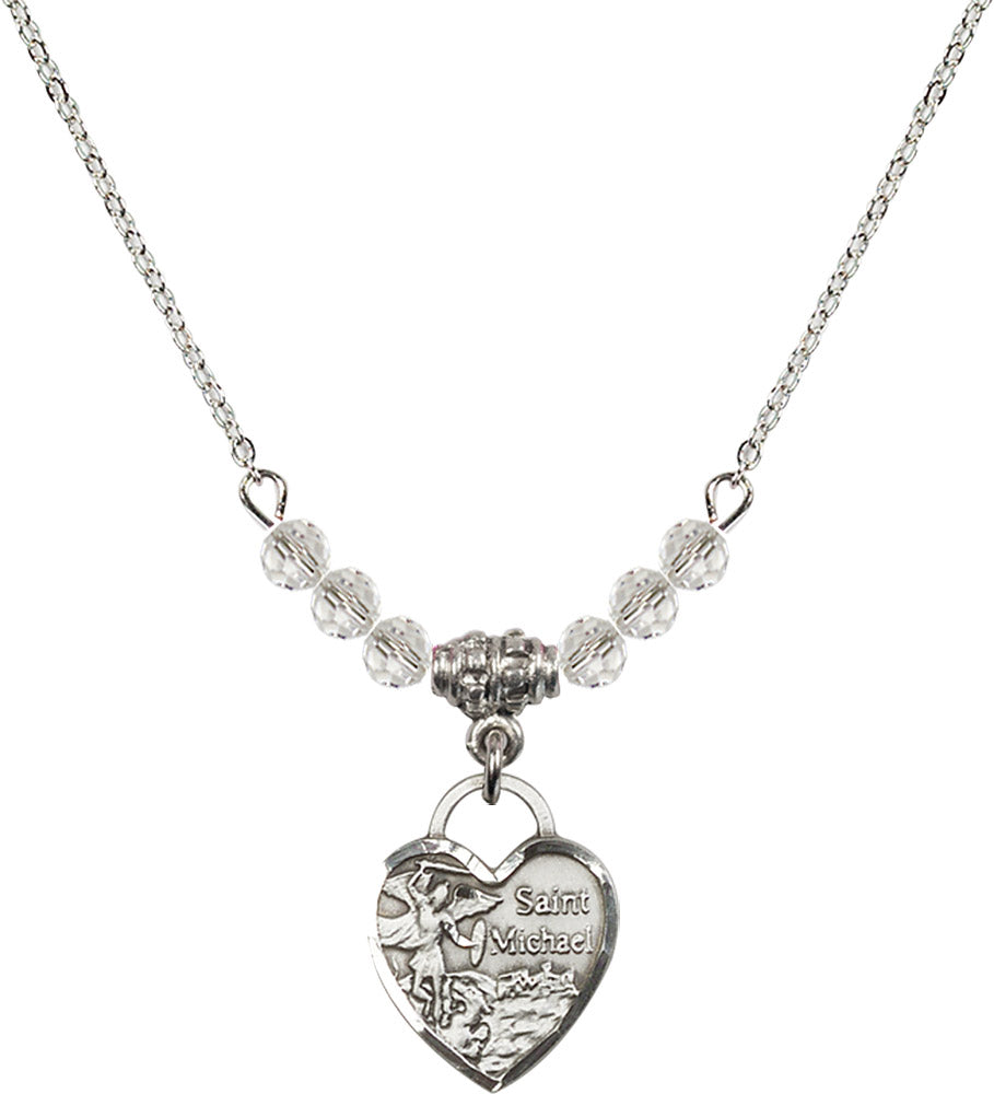 Sterling Silver Saint Michael Heart Birthstone Necklace with Crystal Beads - 3403
