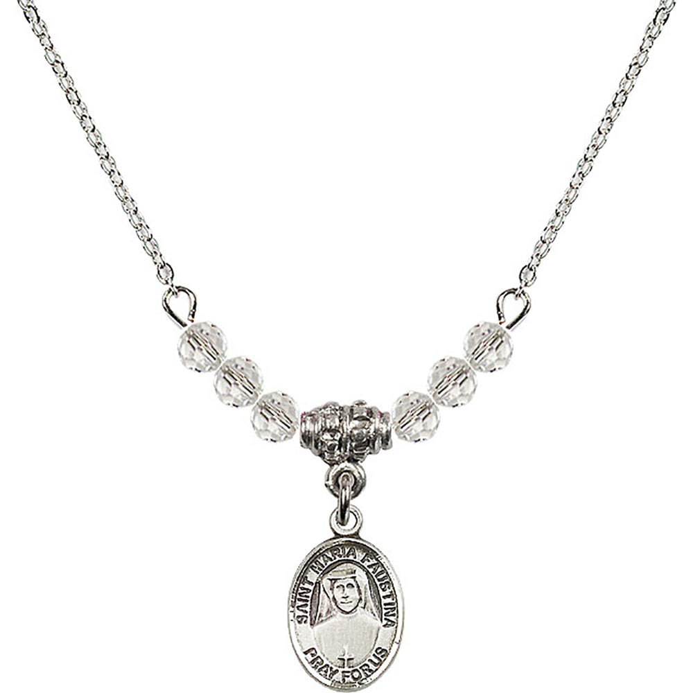Sterling Silver Saint Maria Faustina Birthstone Necklace with Crystal Beads - 9069