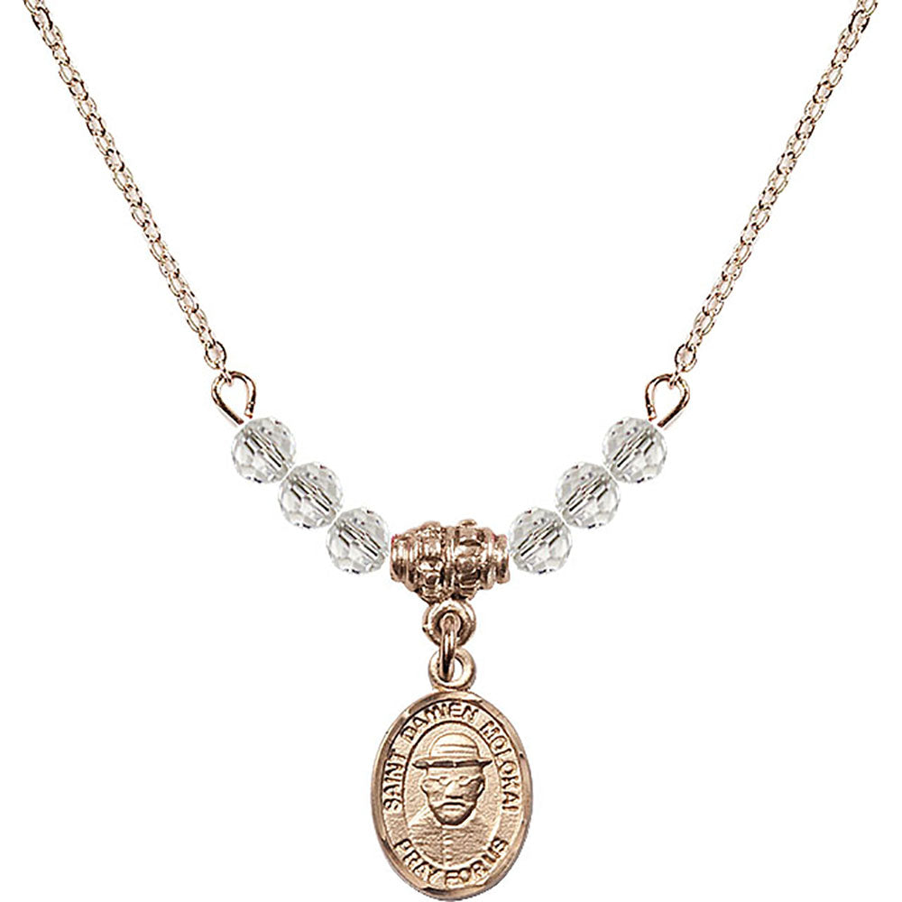 14kt Gold Filled Saint Damien of Molokai Birthstone Necklace with Crystal Beads - 9412