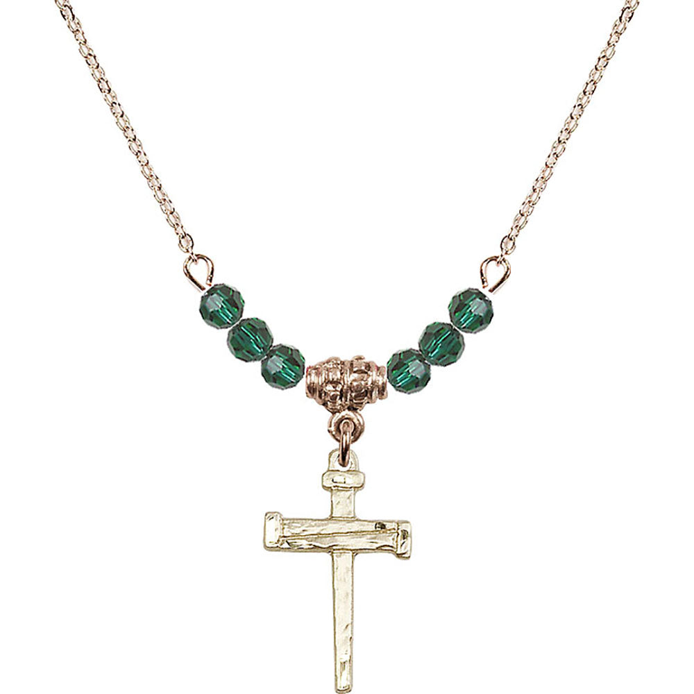 14kt Gold Filled Nail Cross Birthstone Necklace with Emerald Beads - 0012