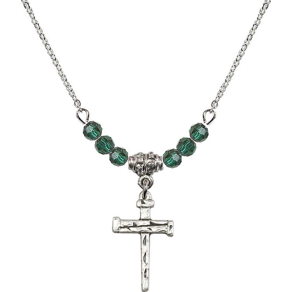 Sterling Silver Nail Cross Birthstone Necklace with Emerald Beads - 0012
