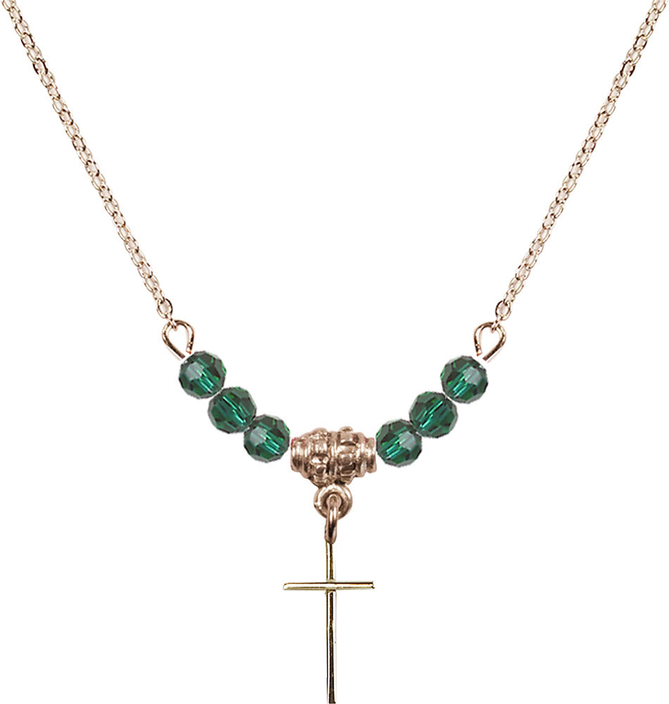 14kt Gold Filled Cross Birthstone Necklace with Emerald Beads - 0014