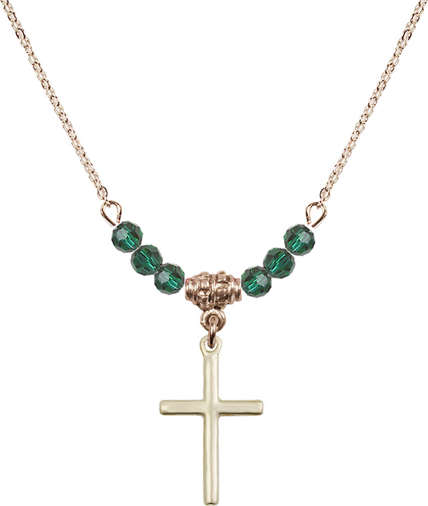 14kt Gold Filled Cross Birthstone Necklace with Emerald Beads - 0017