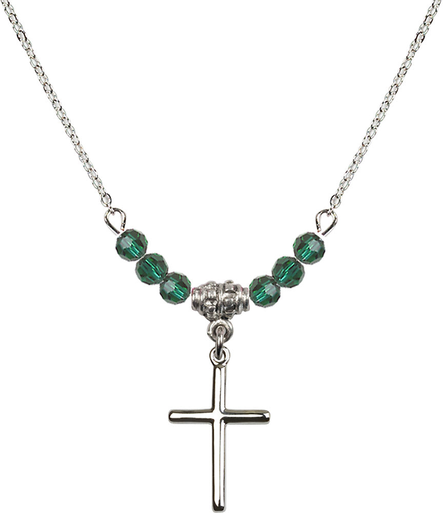 Sterling Silver Cross Birthstone Necklace with Emerald Beads - 0017