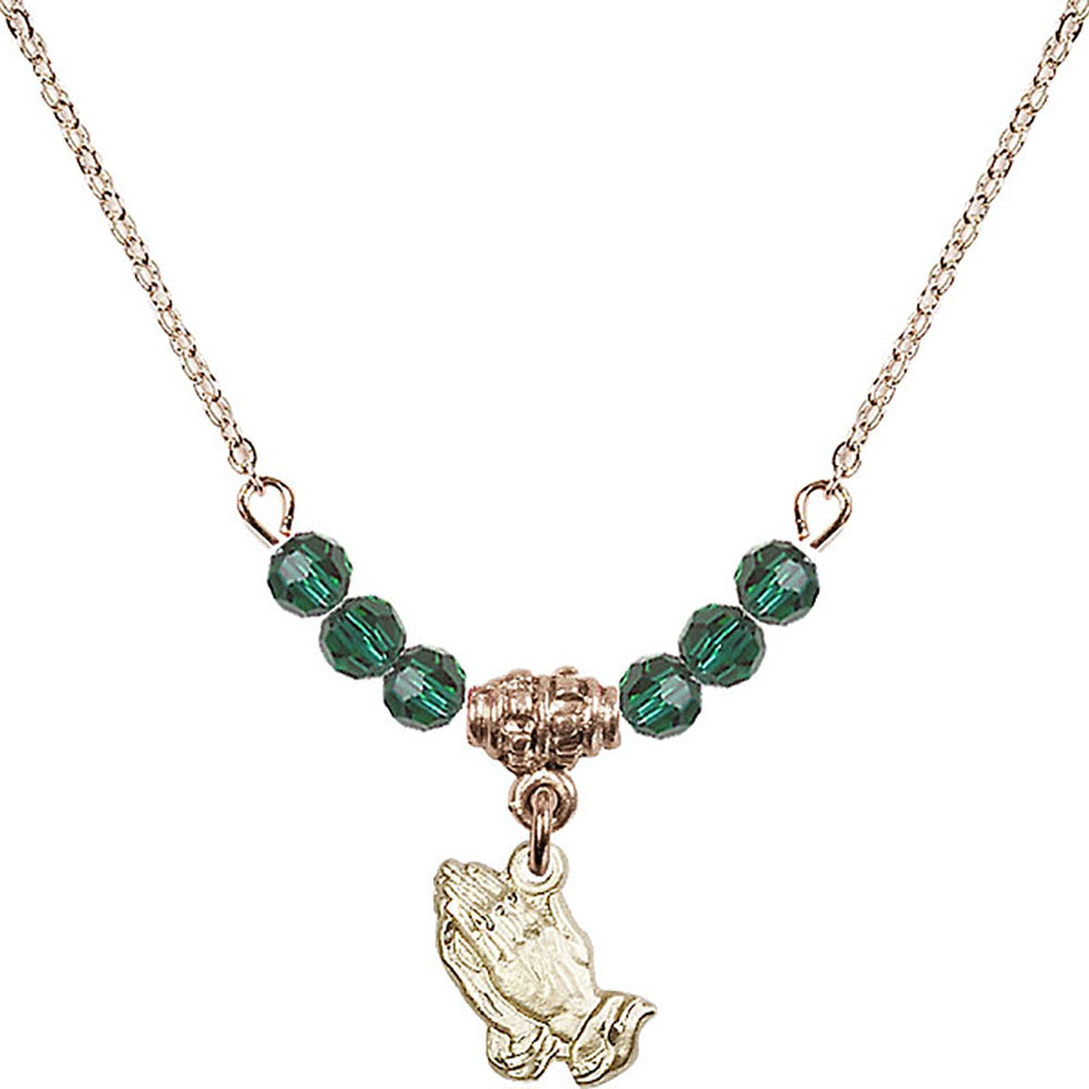 14kt Gold Filled Praying Hands Birthstone Necklace with Emerald Beads - 0220