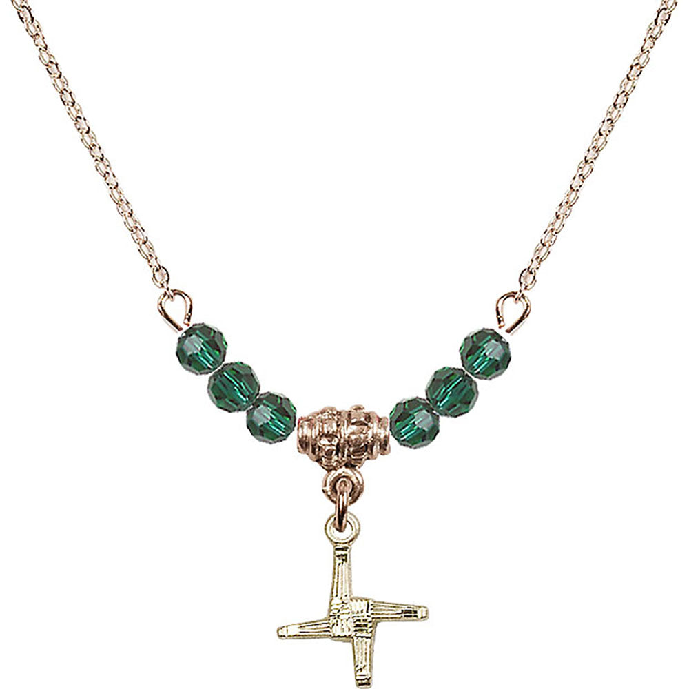 14kt Gold Filled Saint Brigid Cross Birthstone Necklace with Emerald Beads - 0291